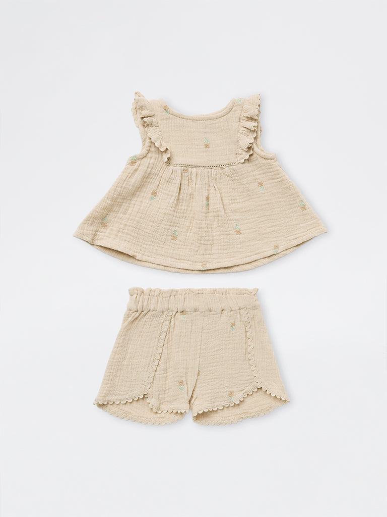 HOP Baby Girls Beige Crinkle-Textured Cotton Top and Short Set