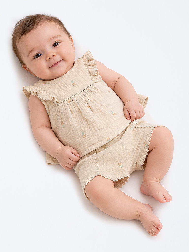 HOP Baby Girls Beige Crinkle-Textured Cotton Top and Short Set
