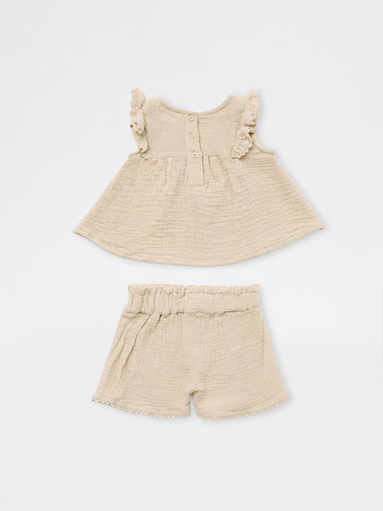 HOP Baby Girls Beige Crinkle-Textured Cotton Top and Short Set