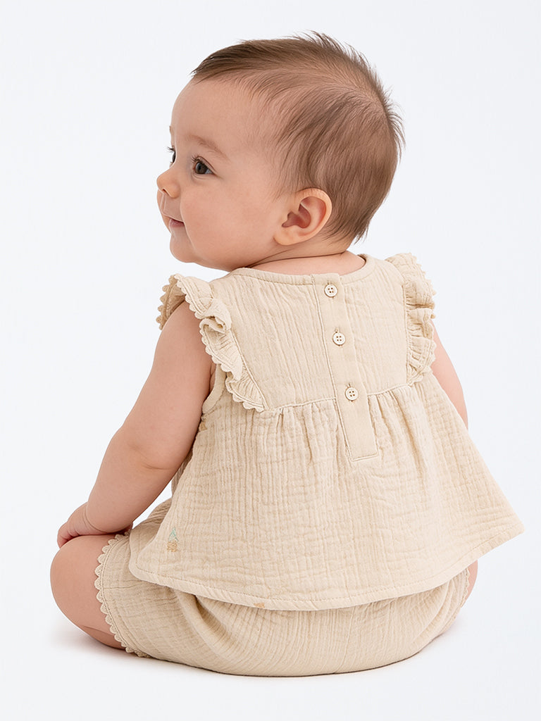HOP Baby Girls Beige Crinkle-Textured Cotton Top and Short Set