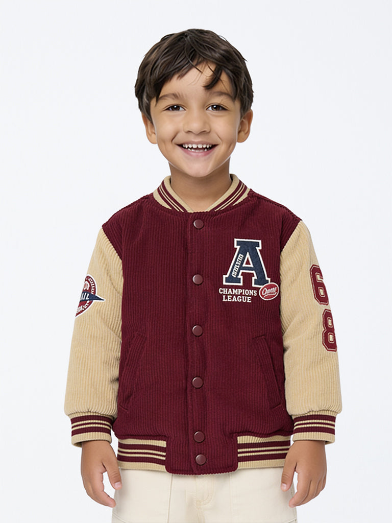 HOP Kids Boys Maroon Patch-Detail Corduroy Varsity Jacket