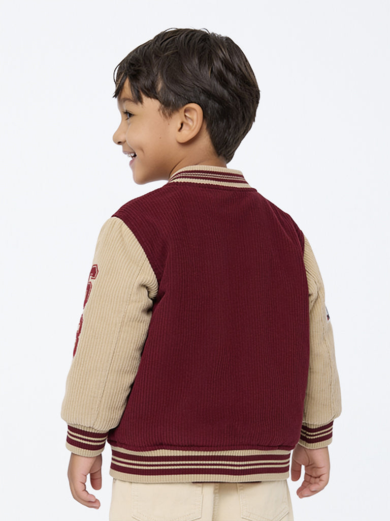 HOP Kids Boys Maroon Patch-Detail Corduroy Varsity Jacket