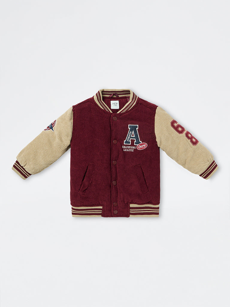 HOP Kids Boys Maroon Patch-Detail Corduroy Varsity Jacket