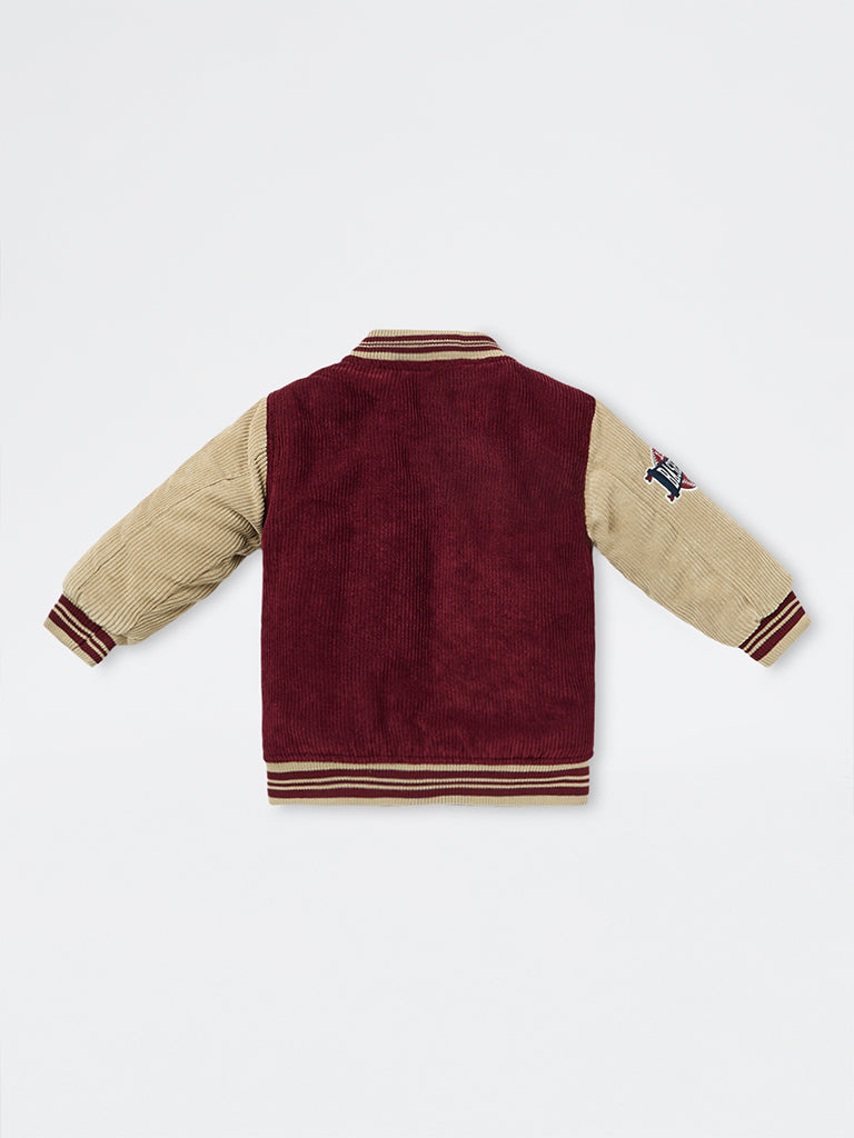HOP Kids Boys Maroon Patch-Detail Corduroy Varsity Jacket