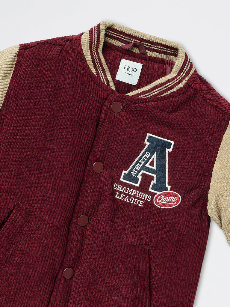 HOP Kids Boys Maroon Patch-Detail Corduroy Varsity Jacket