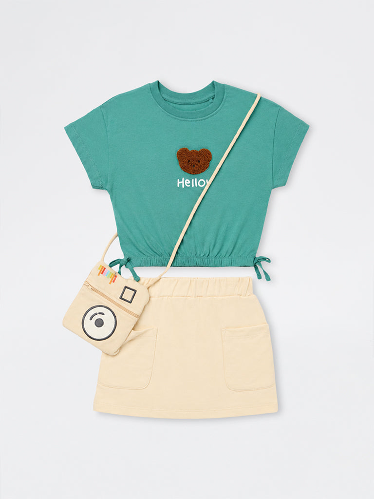 HOP Kids Girls Teal Teddy Design Cotton Top, Skirt and Sling Bag Set