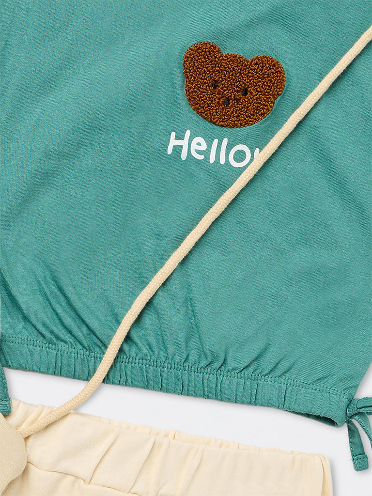 HOP Kids Girls Teal Teddy Design Cotton Top, Skirt and Sling Bag Set
