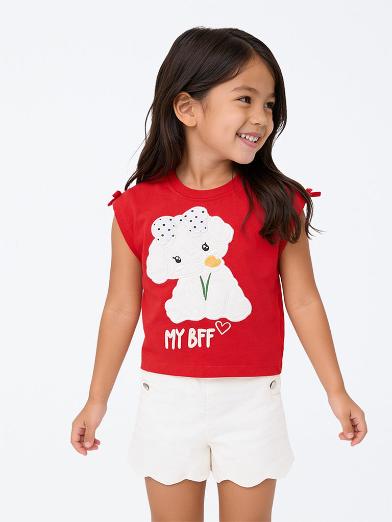 HOP Kids Girls Red Dog Embroidered Cotton Top