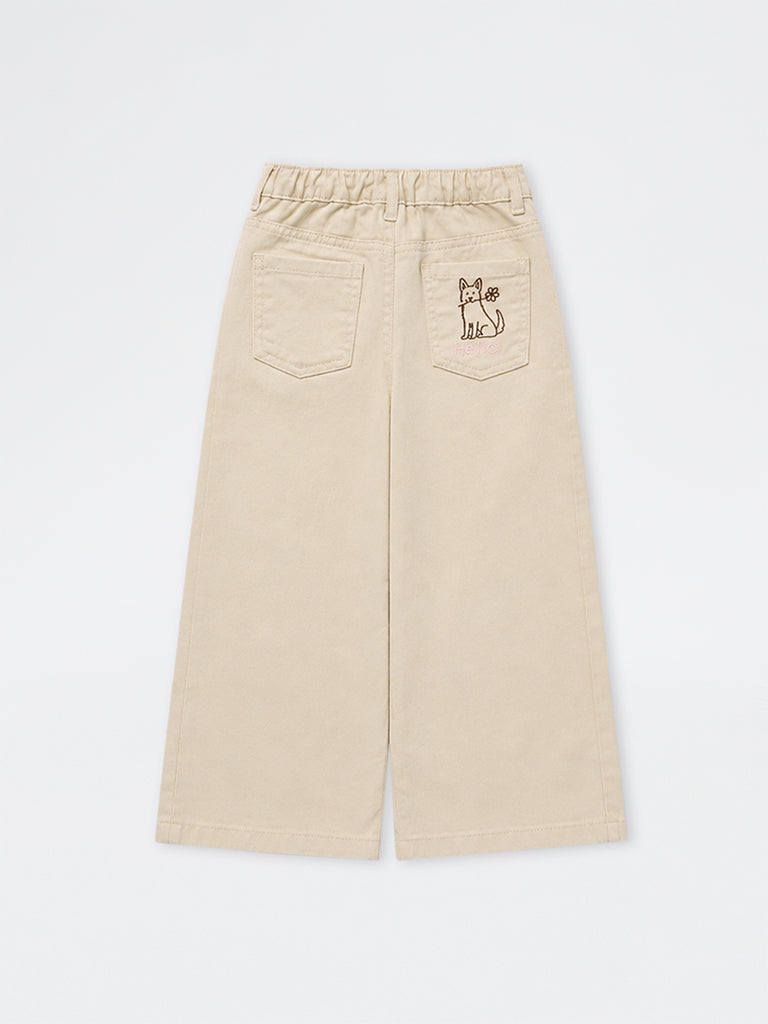 HOP Kids Girls Light Beige Cat-Embroidered High-Rise Jeans
