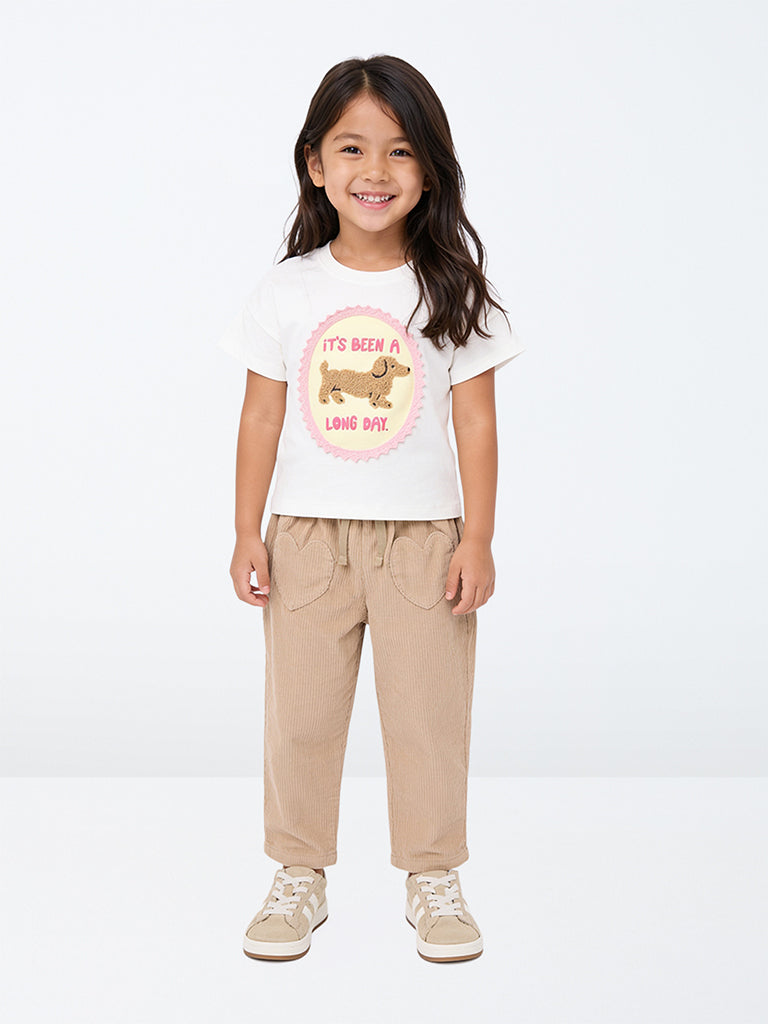 HOP Kids Girls Beige High-Rise Corduroy Cotton Trousers