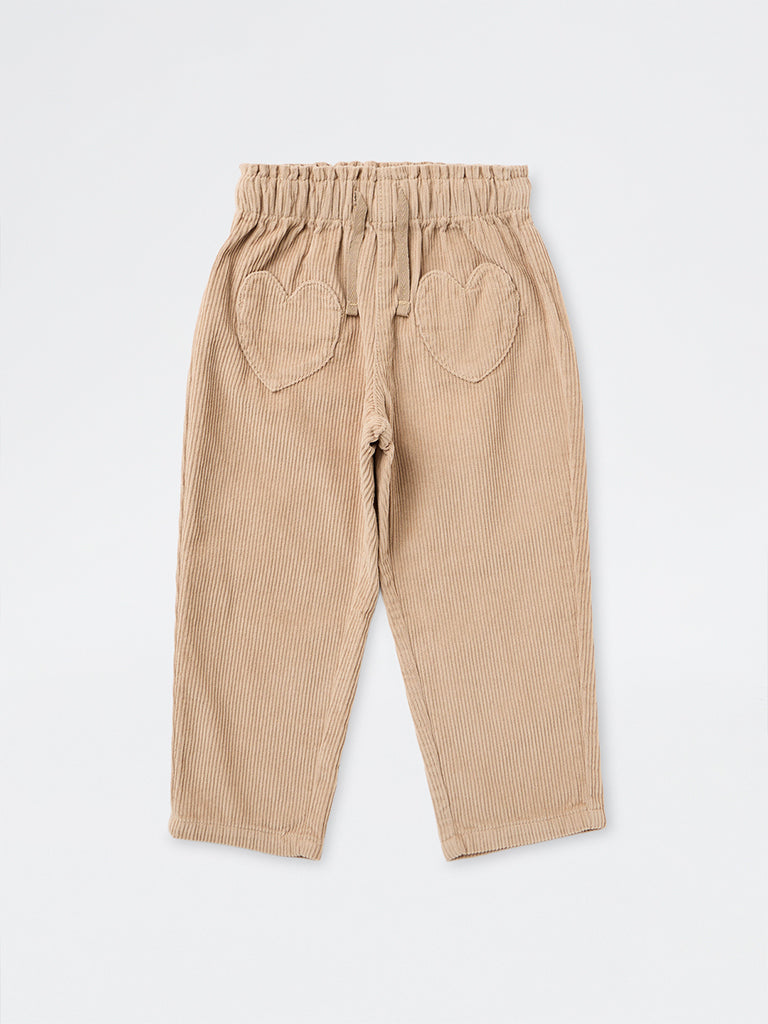 HOP Kids Girls Beige High-Rise Corduroy Cotton Trousers
