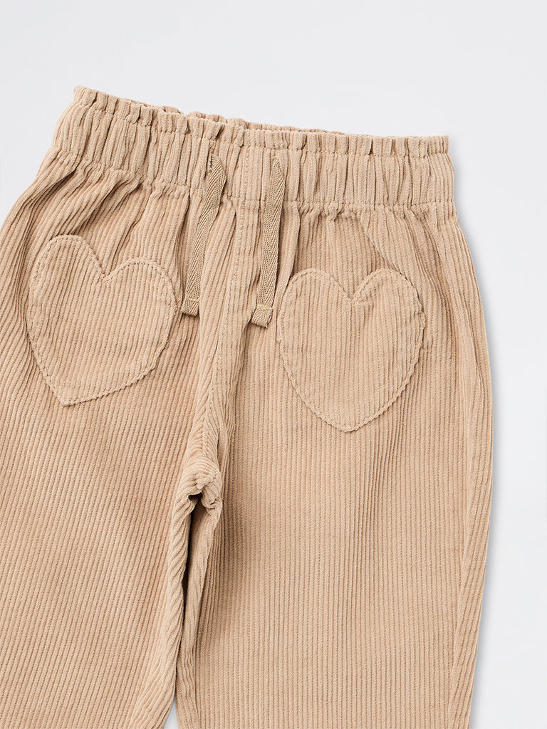 HOP Kids Girls Beige High-Rise Corduroy Cotton Trousers
