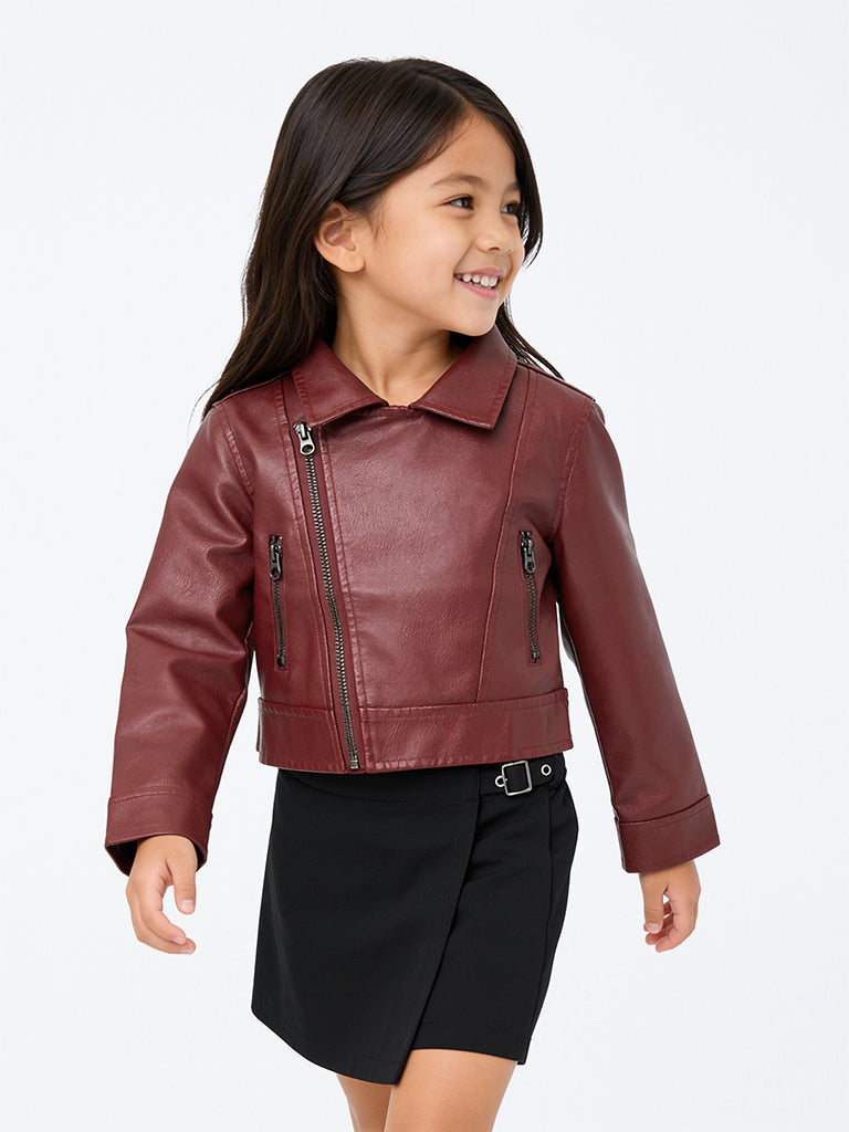 HOP Kids Girls Maroon Faux Leather Jacket