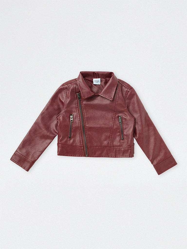 HOP Kids Girls Maroon Faux Leather Jacket