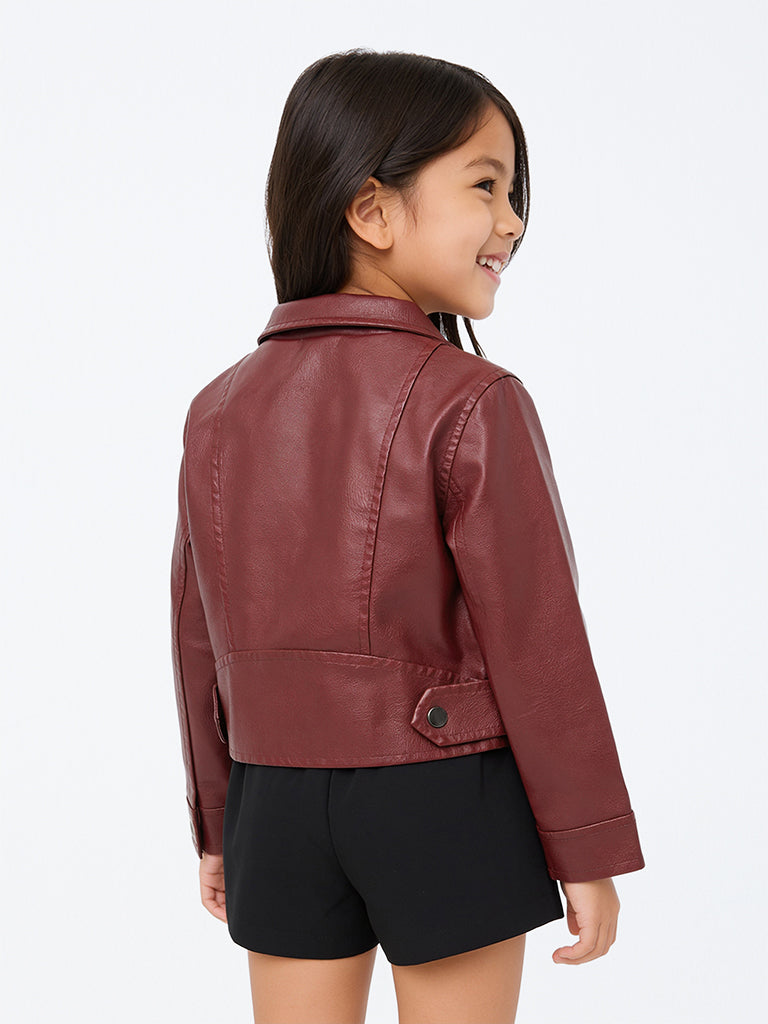 HOP Kids Girls Maroon Faux Leather Jacket