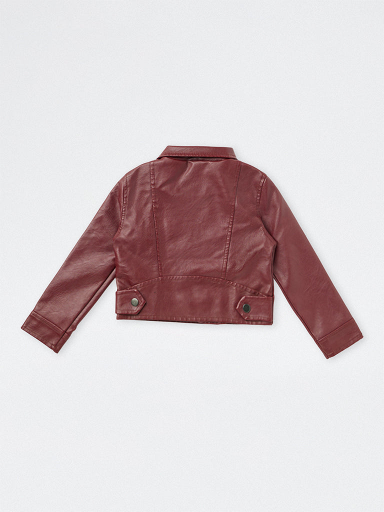 HOP Kids Girls Maroon Faux Leather Jacket
