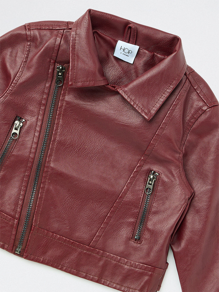 HOP Kids Girls Maroon Faux Leather Jacket
