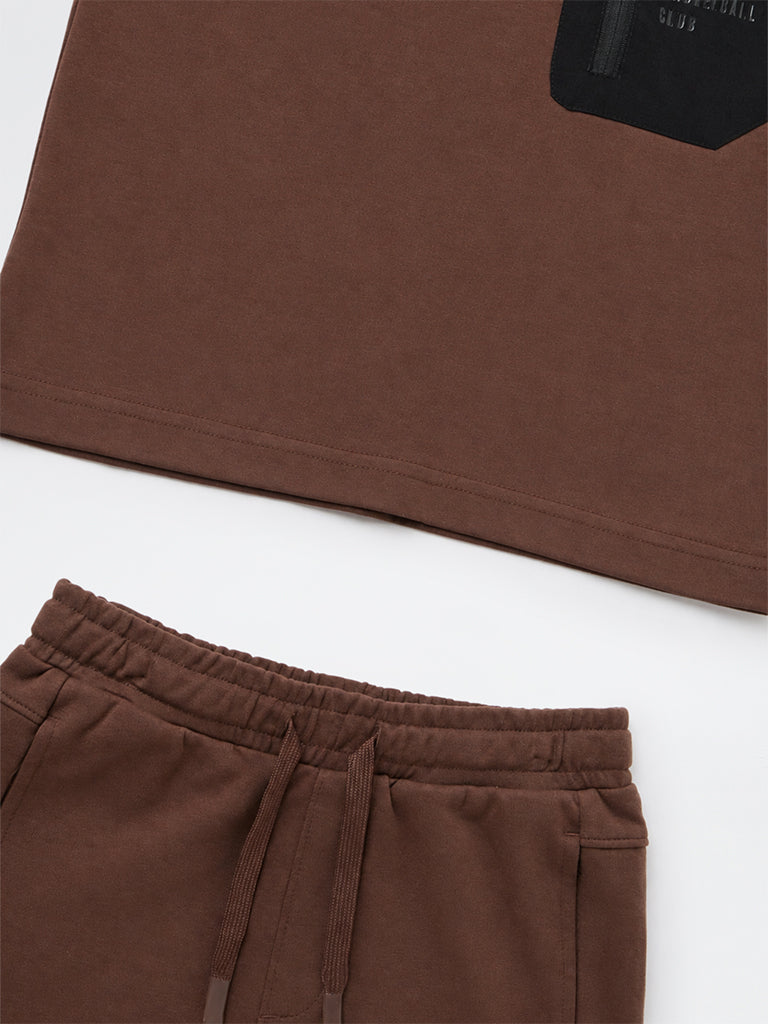 Boys Dark Brown Pocket-Detail Cotton-Blend T-Shirt and Shorts Set