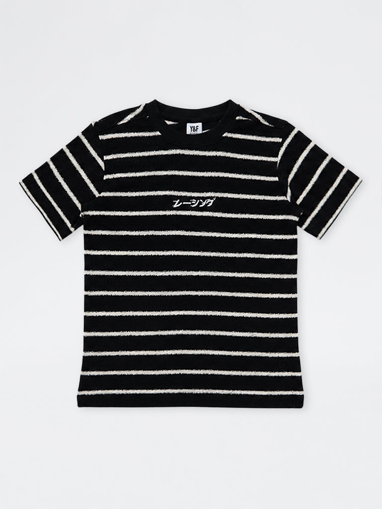 Y&F Kids Boys Black Striped Knit-Textured Cotton-Blend T-Shirt