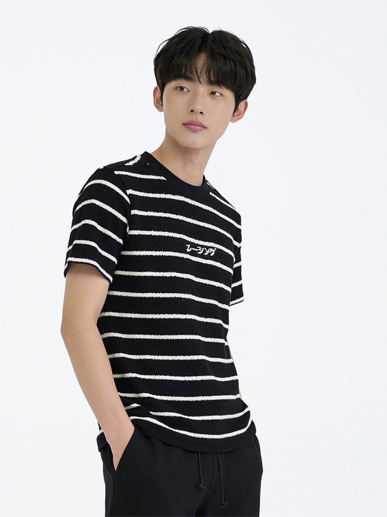 Boys Black Striped Knit-Textured Cotton-Blend T-Shirt