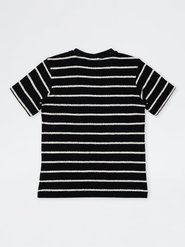 Y&F Kids Boys Black Striped Knit-Textured Cotton-Blend T-Shirt