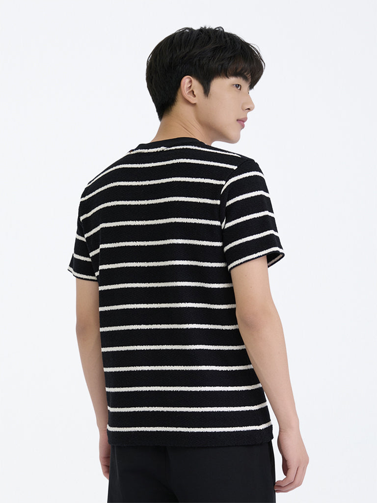 Boys Black Striped Knit-Textured Cotton-Blend T-Shirt