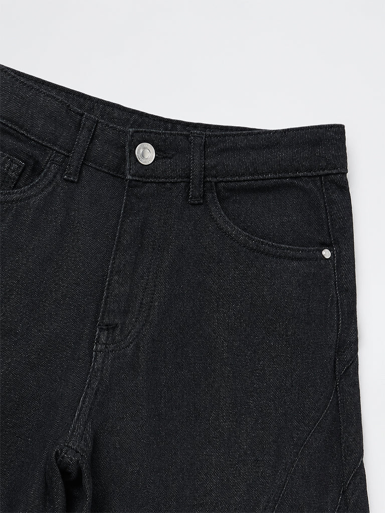 Boys Black Washed Patch-Detail Mid-Rise Jeans