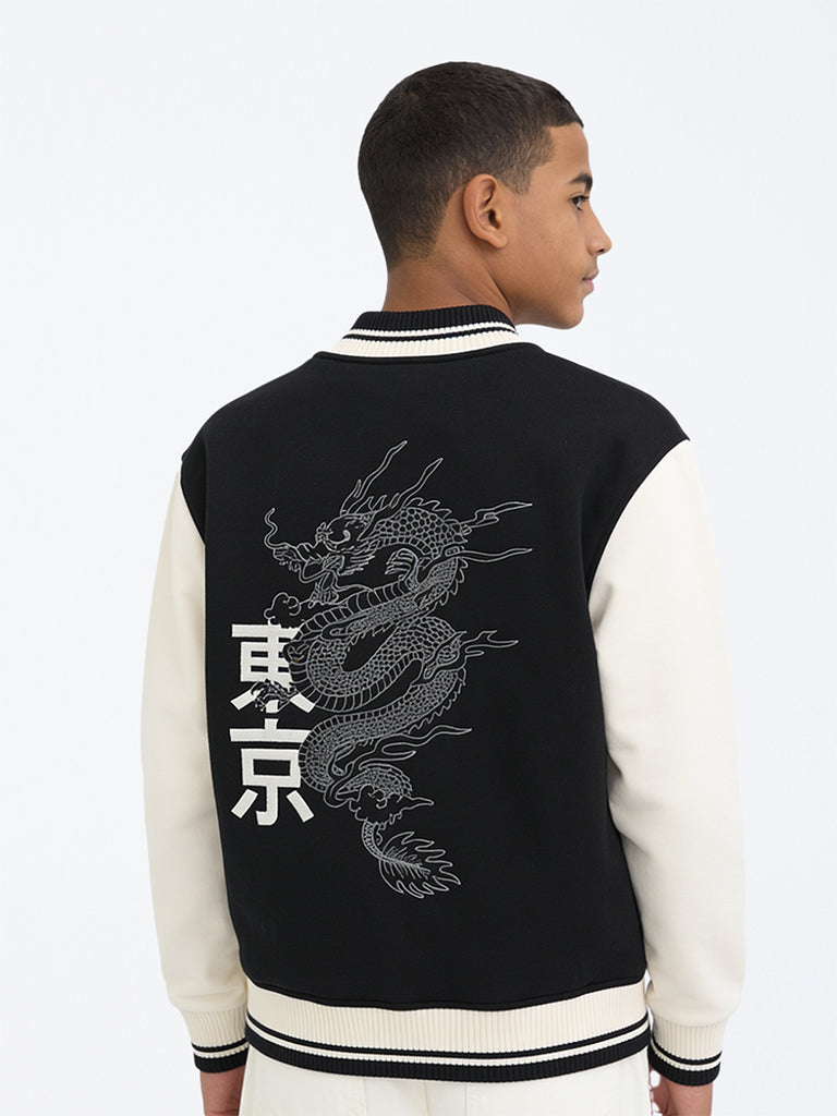 Boys Black Colour-Blocked Cotton-Blend Varsity Jacket