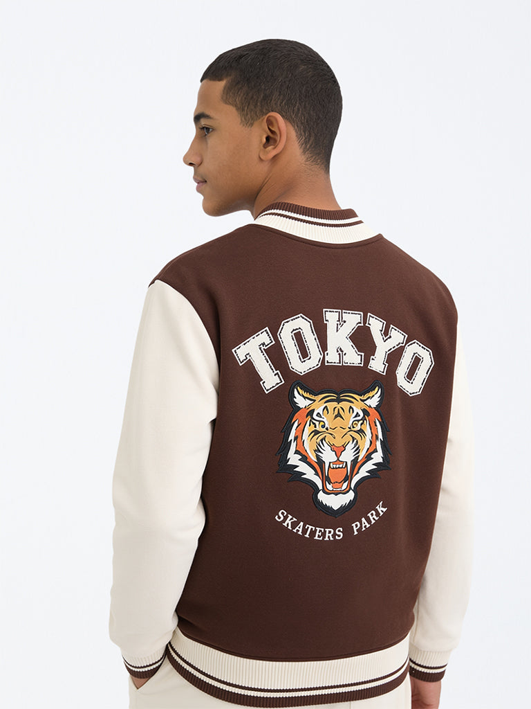 Boys Brown Tiger Embroidered Cotton-Blend Varsity Jacket