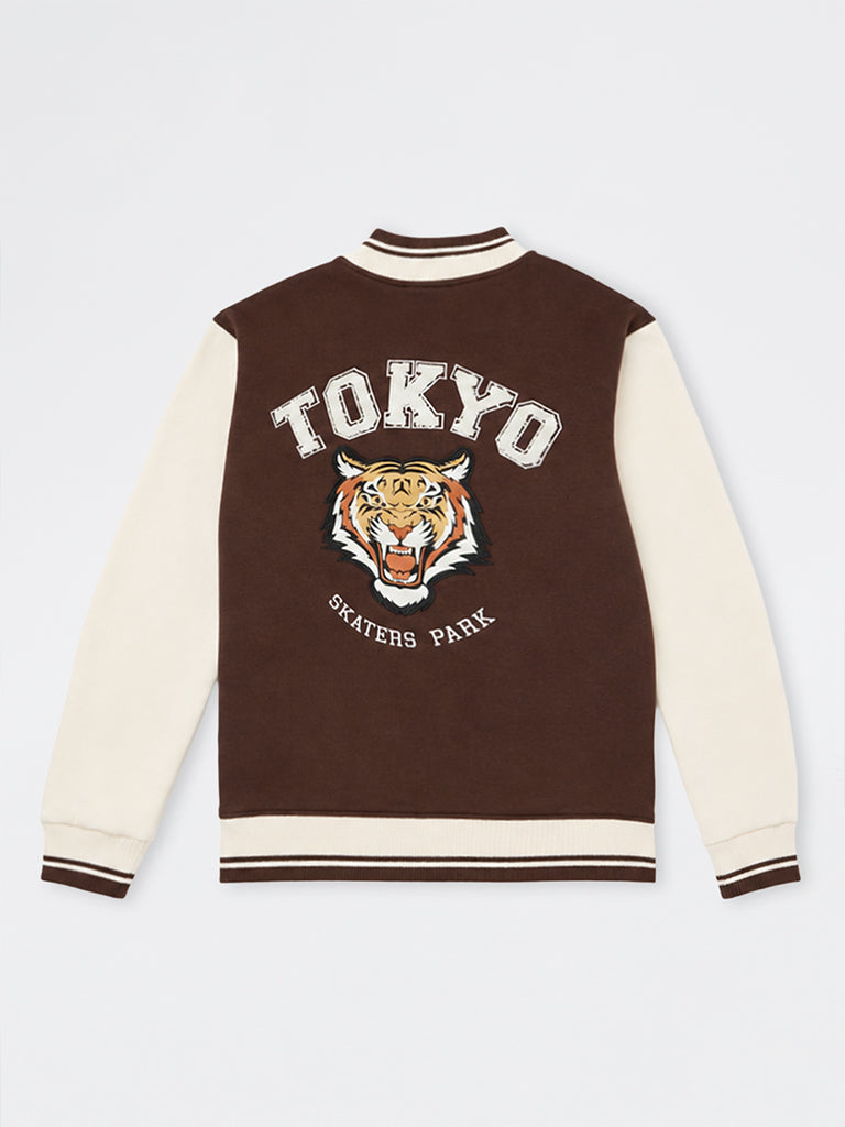 Boys Brown Tiger Embroidered Cotton-Blend Varsity Jacket