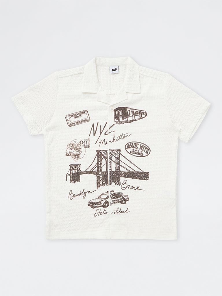 Boys White Cityscape-Inspired Textured Shirt