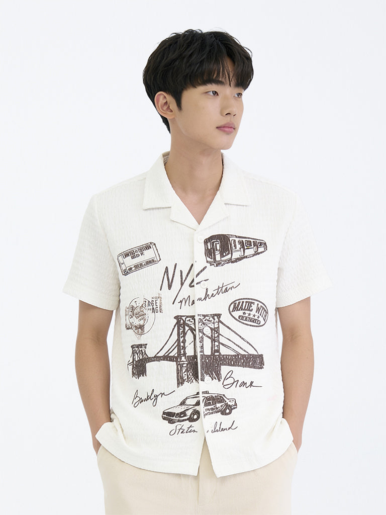 Boys White Cityscape-Inspired Textured Shirt