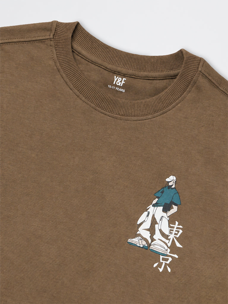 Boys Brown Japanese-Inspired Cotton T-Shirt
