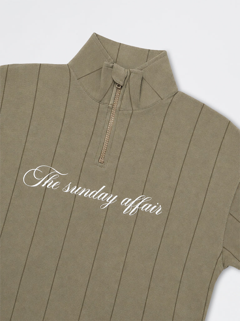 Boys Olive Striped Quarter-Zip Cotton T-Shirt