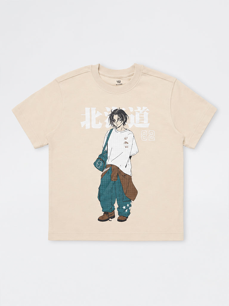 Boys Light Beige Graphic Printed Cotton T-Shirt