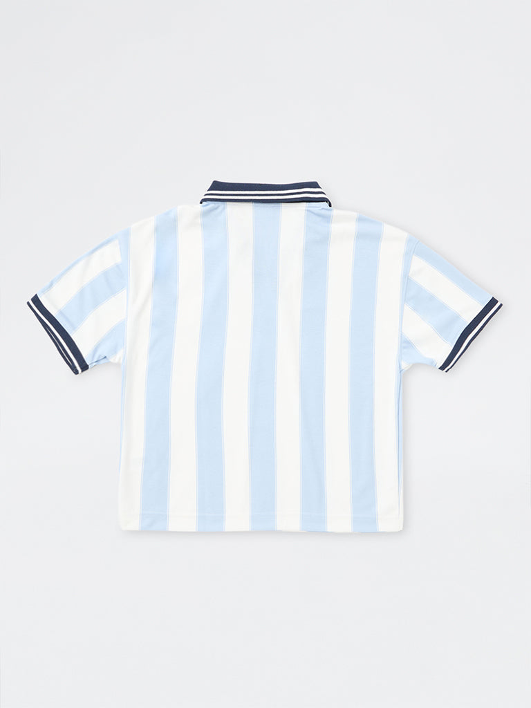 Boys Light Blue Striped Printed T-Shirt