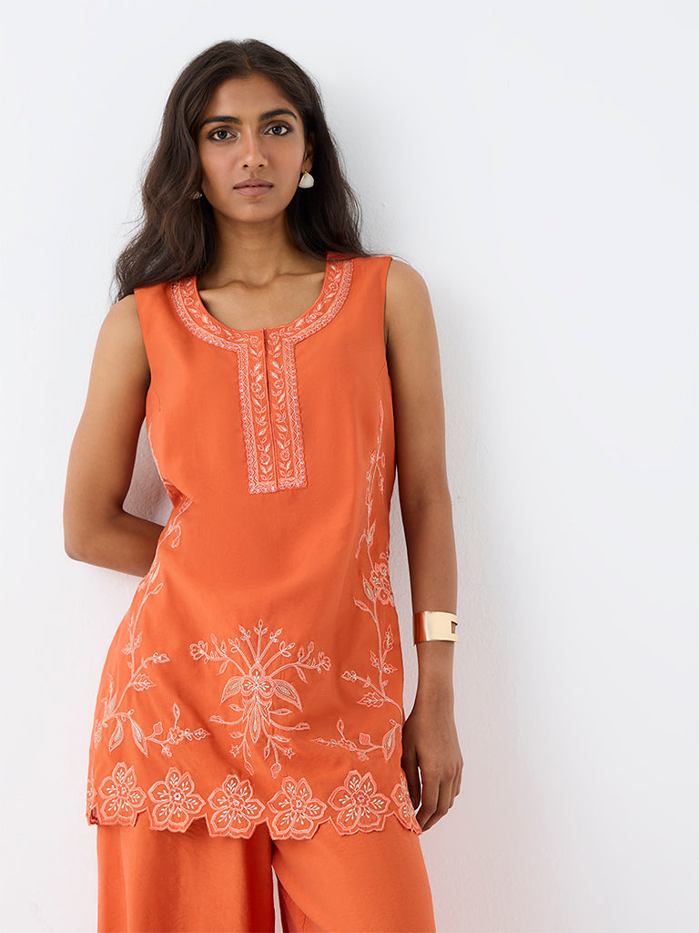Utsa Orange Floral Embroidered Tunic