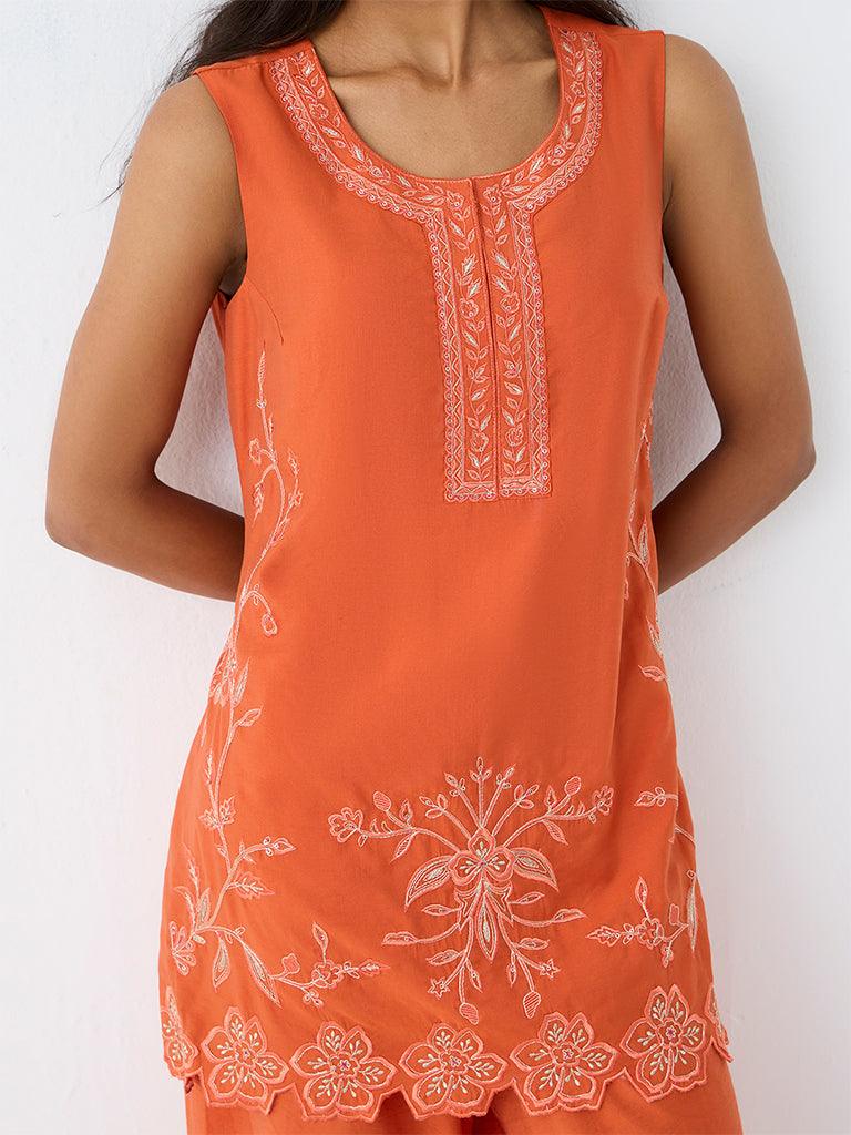 Utsa Orange Floral Embroidered Tunic