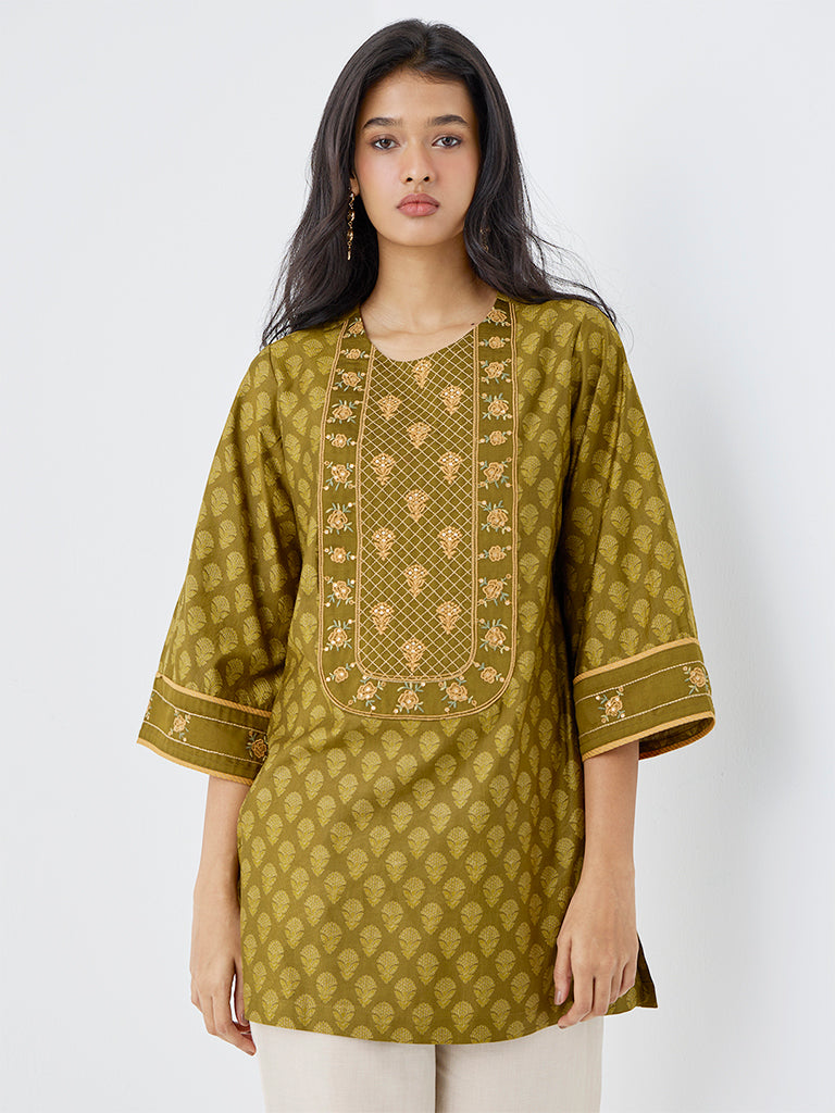 Utsa Olive Floral Printed Kurti