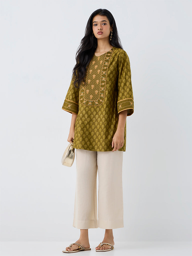 Utsa Olive Floral Printed Kurti