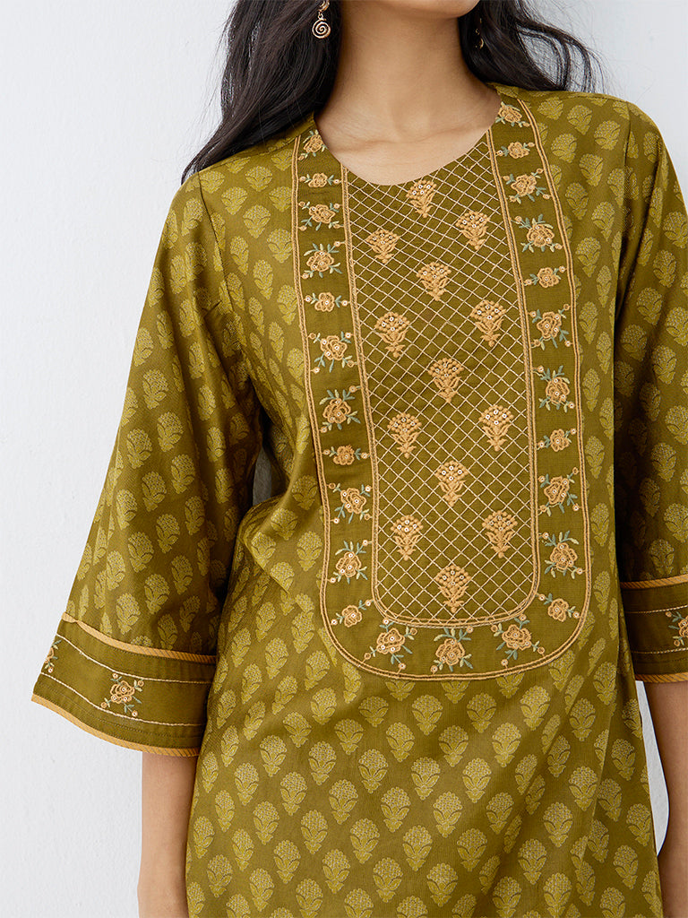 Utsa Olive Floral Printed Kurti