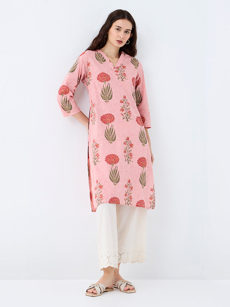 Utsa Pink Floral Printed Cotton Straight Kurta