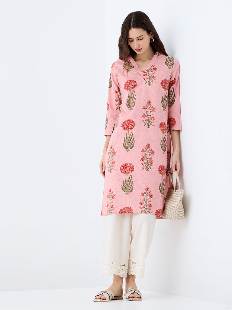 Utsa Pink Floral Printed Cotton Straight Kurta
