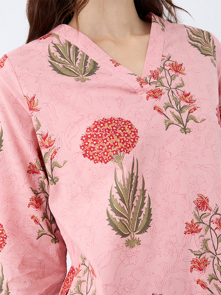 Utsa Pink Floral Printed Cotton Straight Kurta