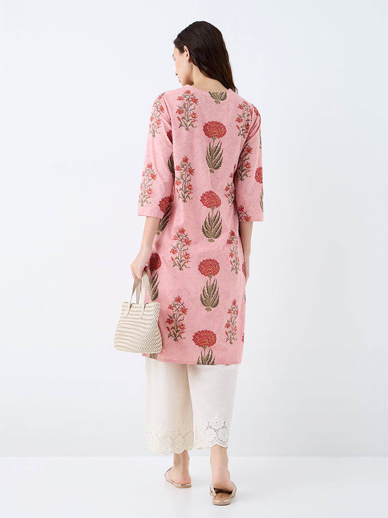Utsa Pink Floral Printed Cotton Straight Kurta