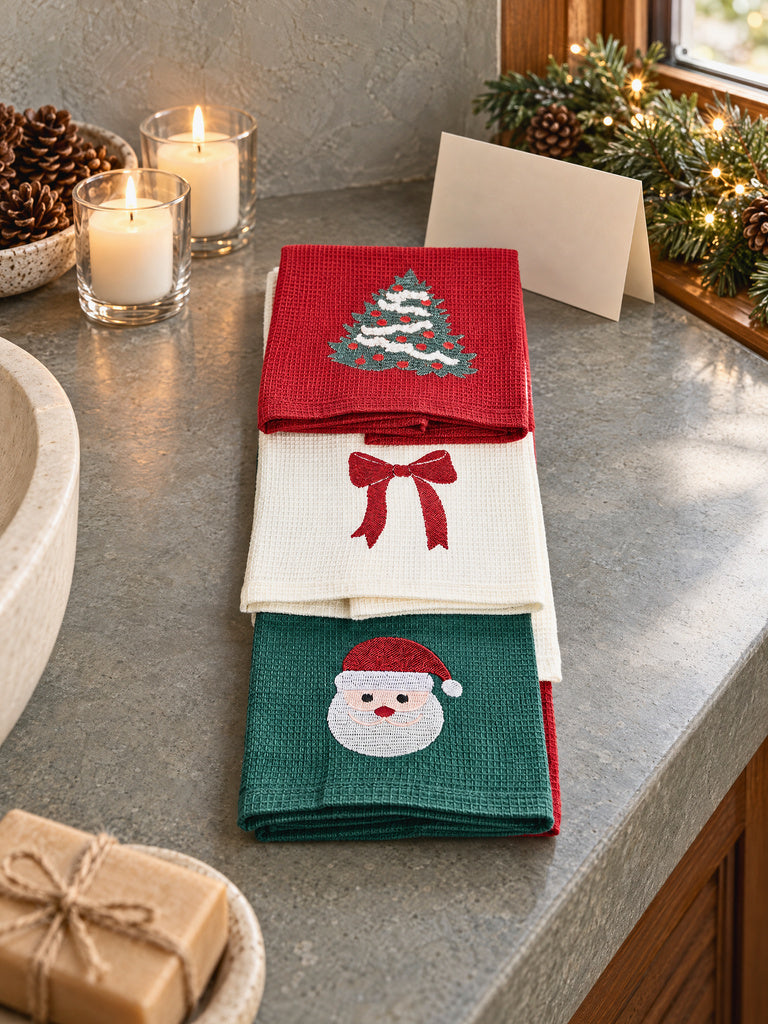 Westside Home Multicolor Waffle-Textured Xmas Towels - Set of 3