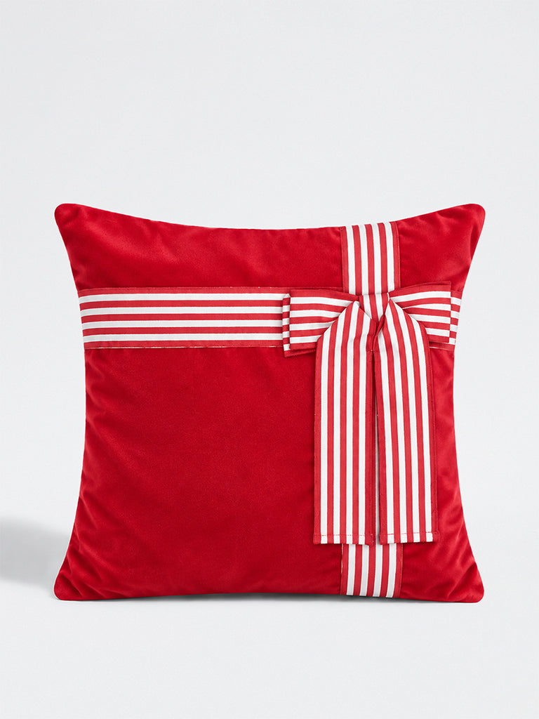 Westside Home Red Velvet Bow-Detail Xmas Cushion Cover