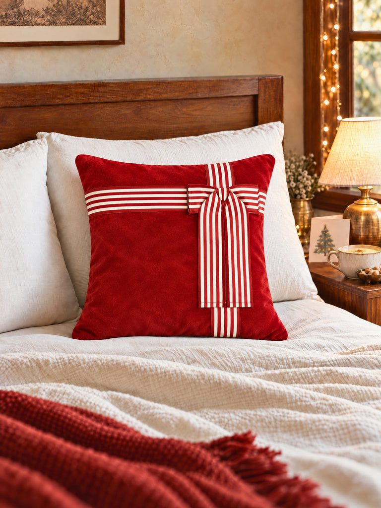 Westside Home Red Velvet Bow-Detail Xmas Cushion Cover