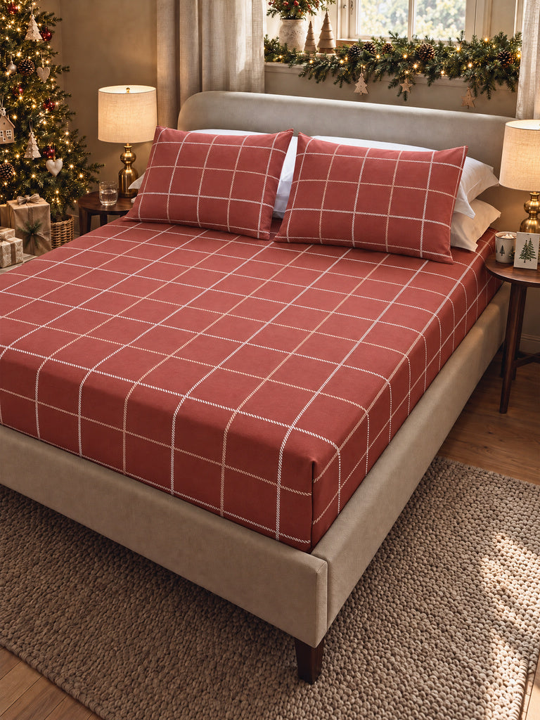 Westside Home Red Checkered King Fitted Bed Sheet Set