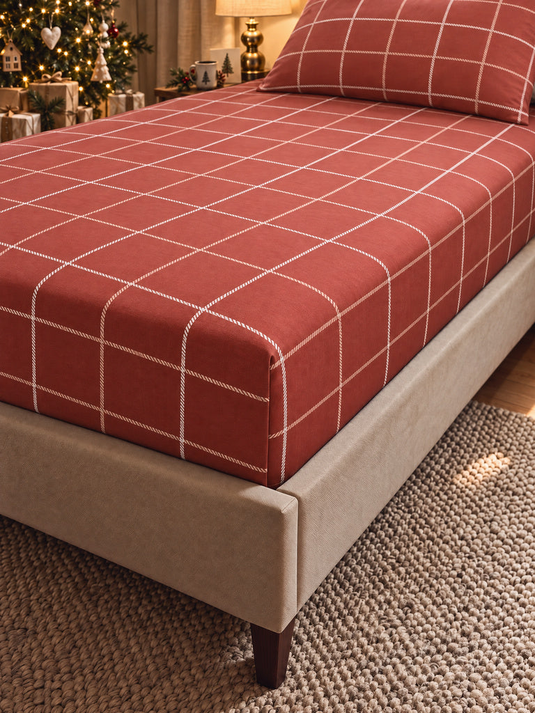 Westside Home Red Checkered King Fitted Bed Sheet Set